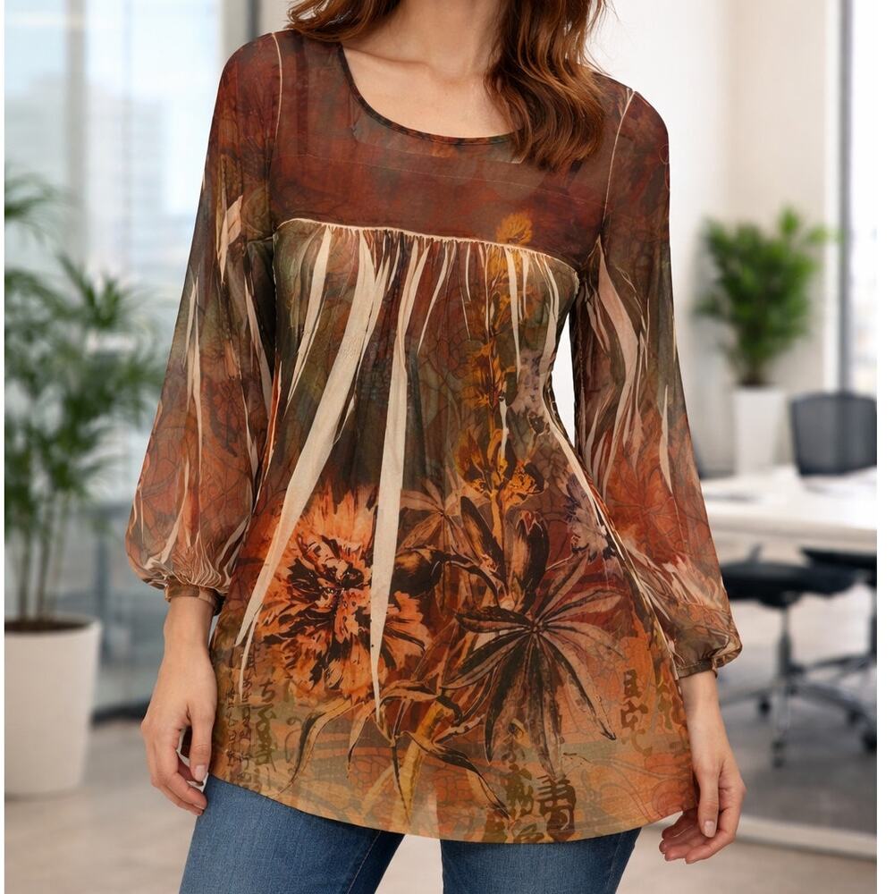 Vintage petite sophisticated women's sheer floral tunic large L/S empire waist